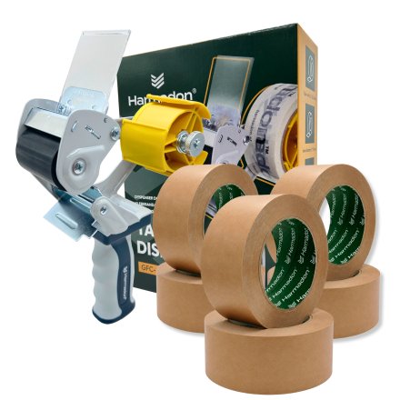 DYSPENSER DO TAŚM GFC-828 + TAŚMA PAPIEROWA KRAFT 50x66m BRĄZ. - 6 SZT.