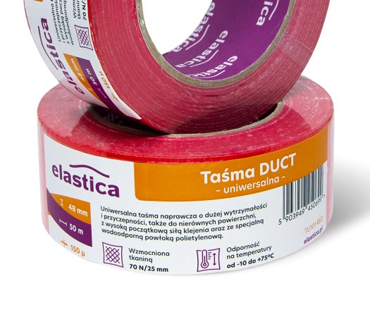 Czerwona taśma duct Elastica 48 mm 50 m wzmocniona tkaniną o wysokiej wytrzymałości do napraw i znakowania powierzchni w magazynie i warsztacie