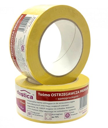 Żółta taśma ostrzegawcza premium PVC Elastica 50 mm 33 m o wysokiej odporności na ścieranie do oznaczania ciągów komunikacyjnych w magazynie i produkcji