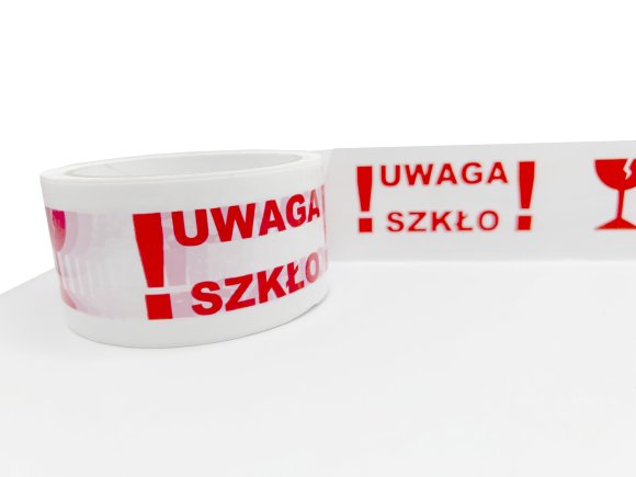 Taśma pakowa UWAGA SZKŁO biało-czerwona - 48/50 metrów! 2