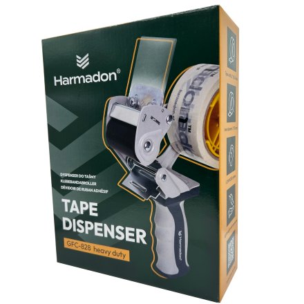 Dyspenser do taśmy pakowej Harmadon GFC-828 heavy duty w opakowaniu z ergonomicznym uchwytem i trwałą konstrukcją do pakowania i zabezpieczania przesyłek