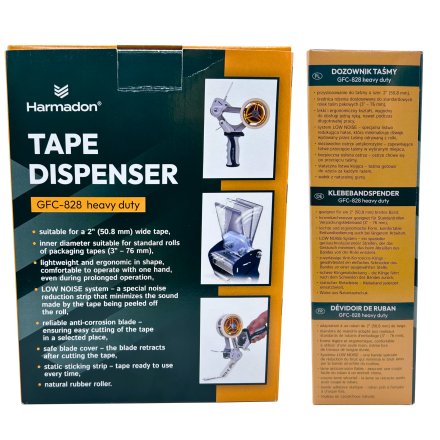 Opakowanie dyspensera do taśmy pakowej Harmadon GFC-828 heavy duty z opisem funkcji i zastosowań do pakowania oraz zabezpieczania kartonów i przesyłek