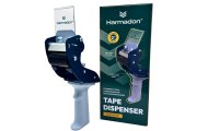 Dyspenser do taśmy pakowej Harmadon RTS82891 PushFlap z ergonomiczną rączką i bezpiecznym ostrzem prezentowany z opakowaniem do zastosowań magazynowych i pakowania kartonów