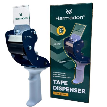 Dyspenser do taśmy pakowej Harmadon RTS82891 PushFlap z ergonomiczną rączką i bezpiecznym ostrzem prezentowany z opakowaniem do zastosowań magazynowych i pakowania kartonów