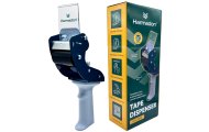 Dyspenser do taśmy pakowej Harmadon PushFlap 50 mm z bezpiecznym ostrzem i ergonomiczną rączką prezentowany z opakowaniem, idealny do pakowania kartonów i pracy w magazynie