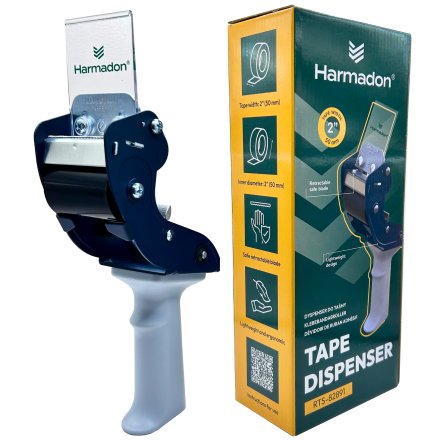 Dyspenser do taśmy pakowej Harmadon PushFlap 50 mm z bezpiecznym ostrzem i ergonomiczną rączką prezentowany z opakowaniem, idealny do pakowania kartonów i pracy w magazynie