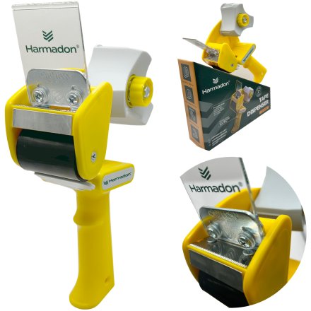 Dyspenser do taśmy pakowej Harmadon RT-82276 50 mm w żółtej obudowie z regulacją docisku i bezpiecznym ostrzem, do pakowania kartonów w magazynie i e commerce
