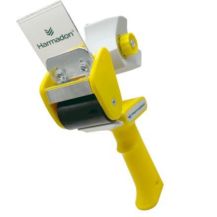 Dyspenser do taśmy pakowej Harmadon RT-82276 50 mm z metalowym ostrzem i regulacją napięcia, ergonomiczny uchwyt do szybkiego zaklejania kartonów w magazynie i e commerce