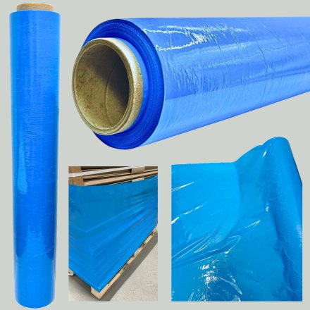 folia stretch niebieska Harmadon Thincore 500 mm prezentacja rolki i zastosowania o wysokiej wytrzymałości do pakowania oraz zabezpieczania towarów w magazynie