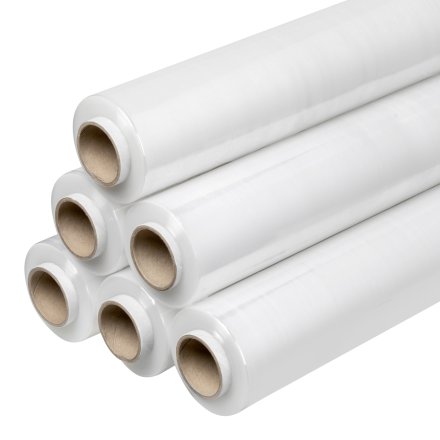 Folia stretch transparentna ręczna 500 mm 17 µm ułożona w zestawie rolek, trwała i elastyczna do pakowania oraz zabezpieczania towarów w magazynie