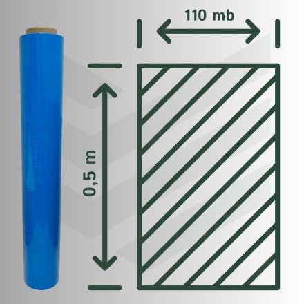 folia stretch niebieska 500 mm rolka z oznaczeniem długości 110 mb o wysokiej wytrzymałości do pakowania i zabezpieczania przesyłek w magazynie