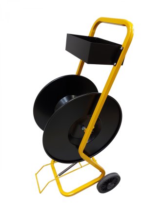 Wózek odwijacz do taśmy PP mobilny stojak z hamulcem i pojemnikiem na zapinki do wygodnego rozwijania taśmy i bandowania palet w magazynie i logistyce