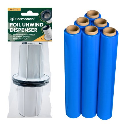 Dyspenser Stretch HP-50321 + 6x Folia Stretch Thincore 1,35 kg / 23 µm Niebieska - zestaw do pakowania