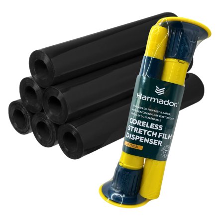 Dyspenser odwijacz do folii beztulejowej Harmadon SF-50621 + 6x Folia Stretch beztubowa czarna HarmadonCoreless™ 2,15kg/23µm