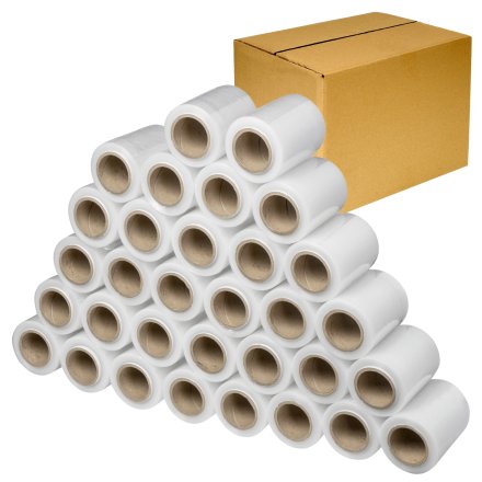 Zestaw 30 rolek folii stretch mini rap Harmadon 10 cm transparent do zabezpieczania paczek i szybkiego pakowania produktów w magazynie
